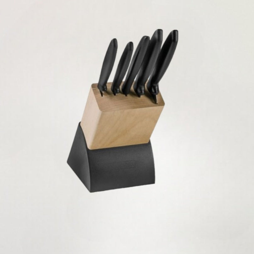 Tramontina 6-Piece Stainless Steel Knife Set with Black Handles and Wooden Block